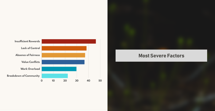 A slide detailing the most severe factors causing burnout. A slide detailing the most severe factors causing burnout.